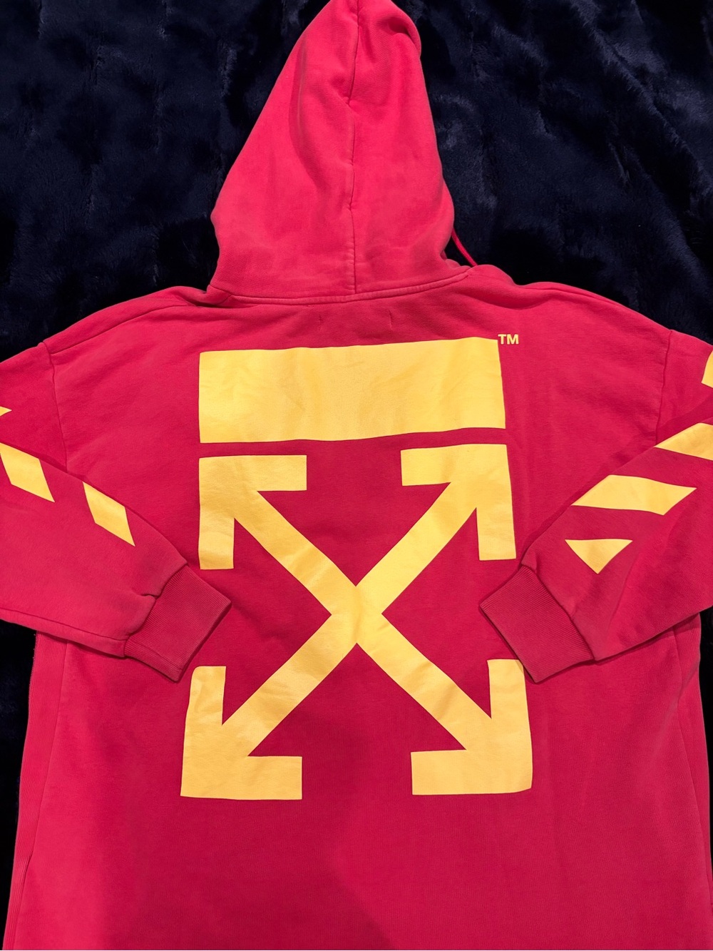 Off-White Red Hoodie with Yellow Arrow Motif